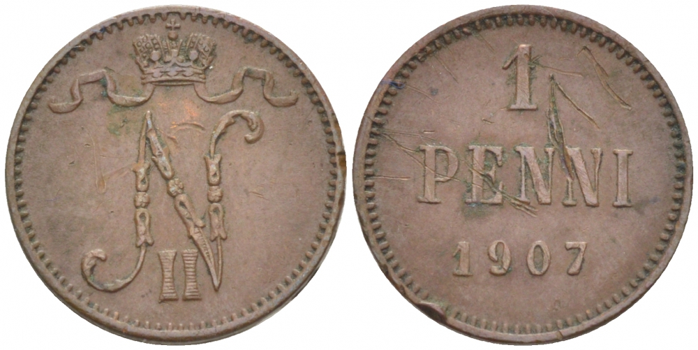 РОССИЯ ДЛЯ ФИНЛЯНДИИ 1 ПЕННИ 1907 НИКОЛАЙ II KM 13, Биткин 468 медь 4396-1324