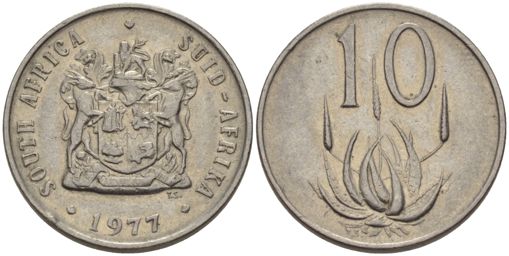 ЮАР 10 ЦЕНТОВ 1977 ГЕРБ, ЦВЕТОК АЛОЭ KM 85 никель 67-417