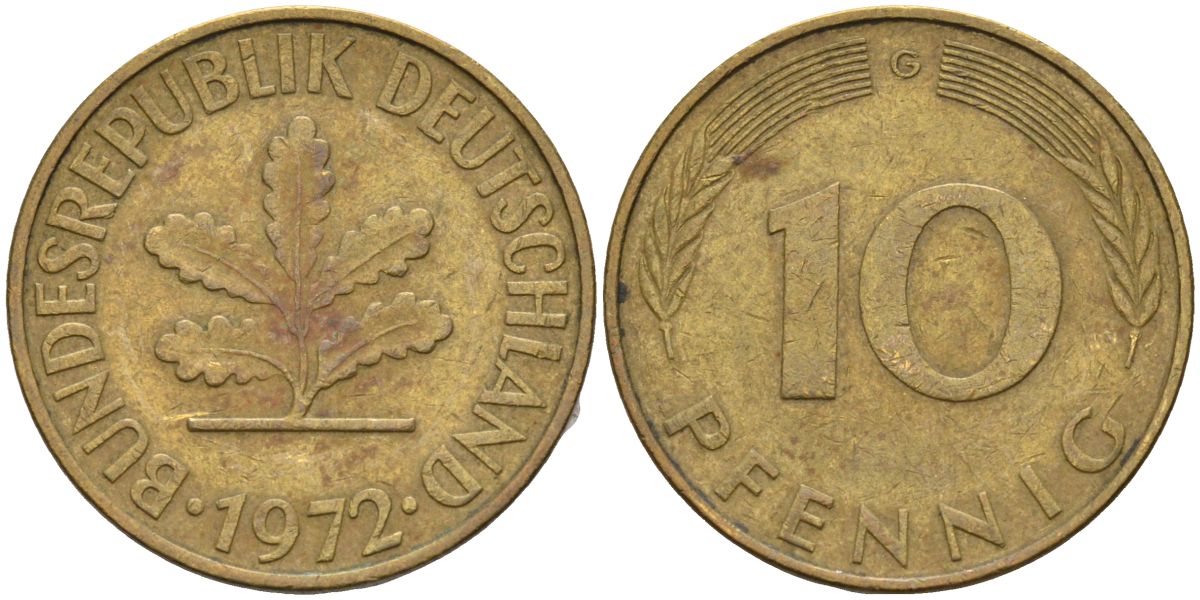 ФРГ 10 пфеннигов 1972 G KM 108 сталь плакированная латунью 4126-535