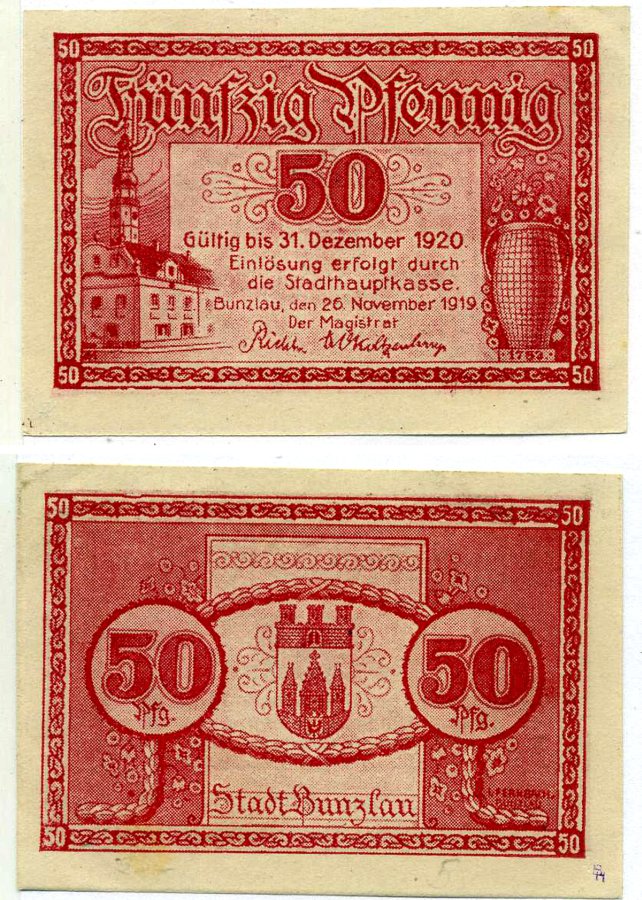 Бунцлау 50 пфеннигов 1919 26 ноября 1919 - 31 декабря 1920, нотгельд, земля Силезия Grabowski B103.6c бумага 2195-52-3-1