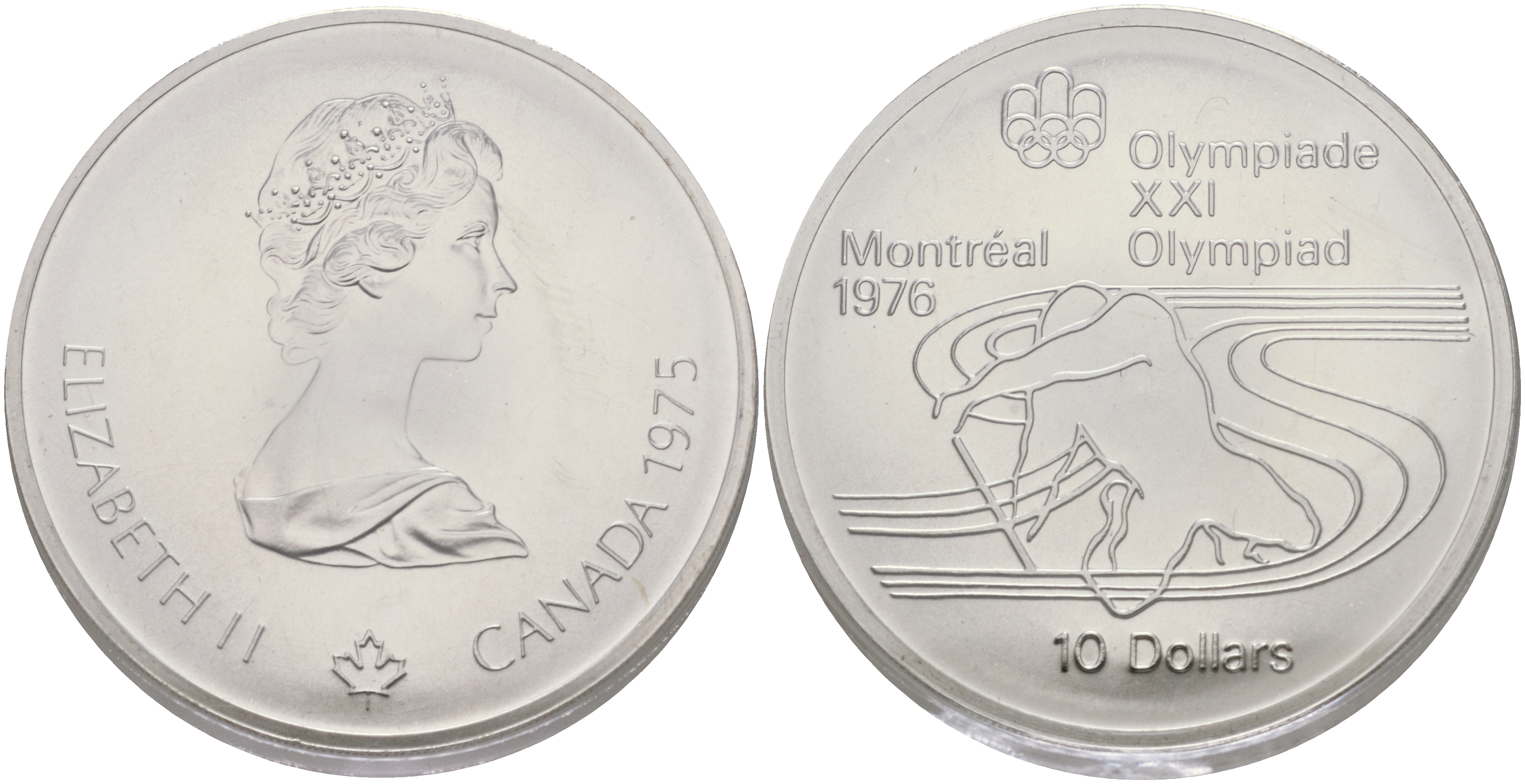 Канада 10 долларов 1975 XXI летние Олимпийские игры в Монреале 1976 года, гребля на каяке KM 105 серебро UNC 11-181-22