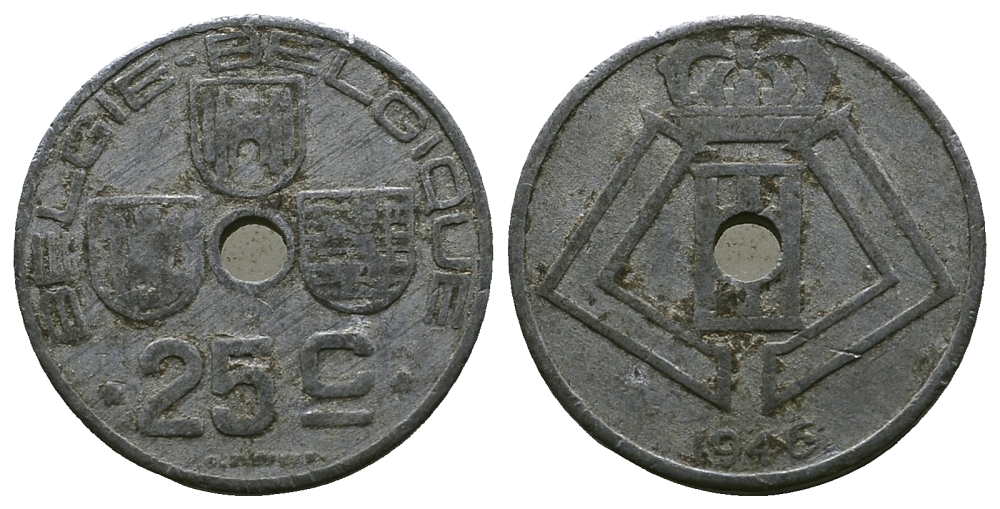 БЕЛЬГИЯ 25 САНТИМОВ 1946 BELGIE-BELGIQUE, ГЕРМАНСКАЯ ОККУПАЦИЯ, ВТОРАЯ МИРОВАЯ ВОЙНА KM 132 цинк 4384-112