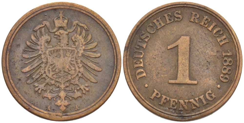 ГЕРМАНИЯ 1 ПФЕННИГ 1889 A, СТАРОГЕРБОВКА KM 1, J. 1, Weege 1 медь 206-1265