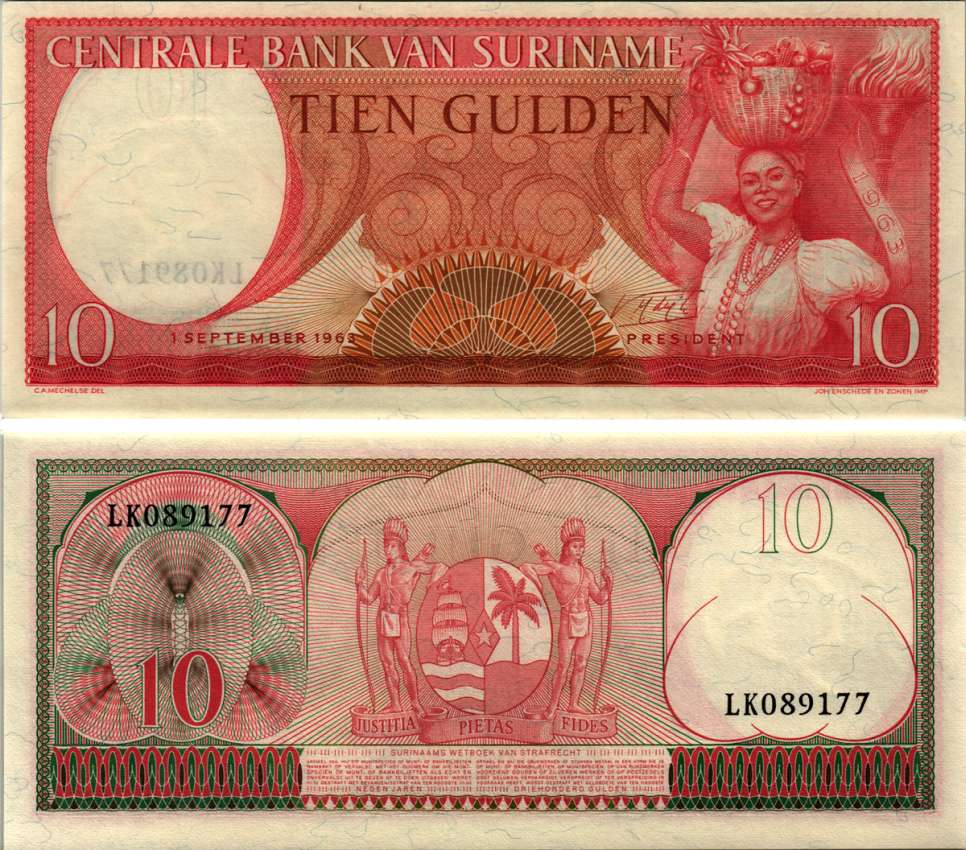 Суринам 10 гульденов 1963 женщина с фруктами Pick 121 b бумага UNC (пресс) 6352-3-1-1
