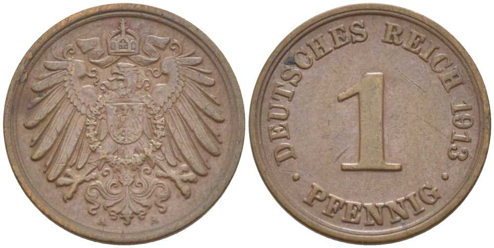 ГЕРМАНИЯ 1 ПФЕННИГ 1913 A KM 10, J. 10, Weege 2 медь 211-467