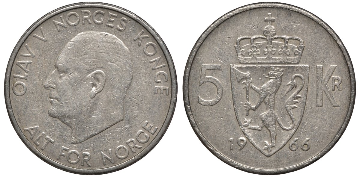 Норвегия 5 крон 1966 Улаф V (1958-1991) KM 412 медно-никель 81-816