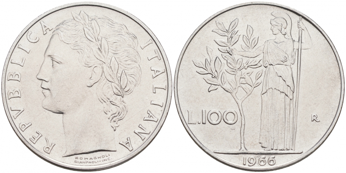 ИТАЛИЯ 100 ЛИР 1966 R АФИНА KM 96.1 сталь 3855-745