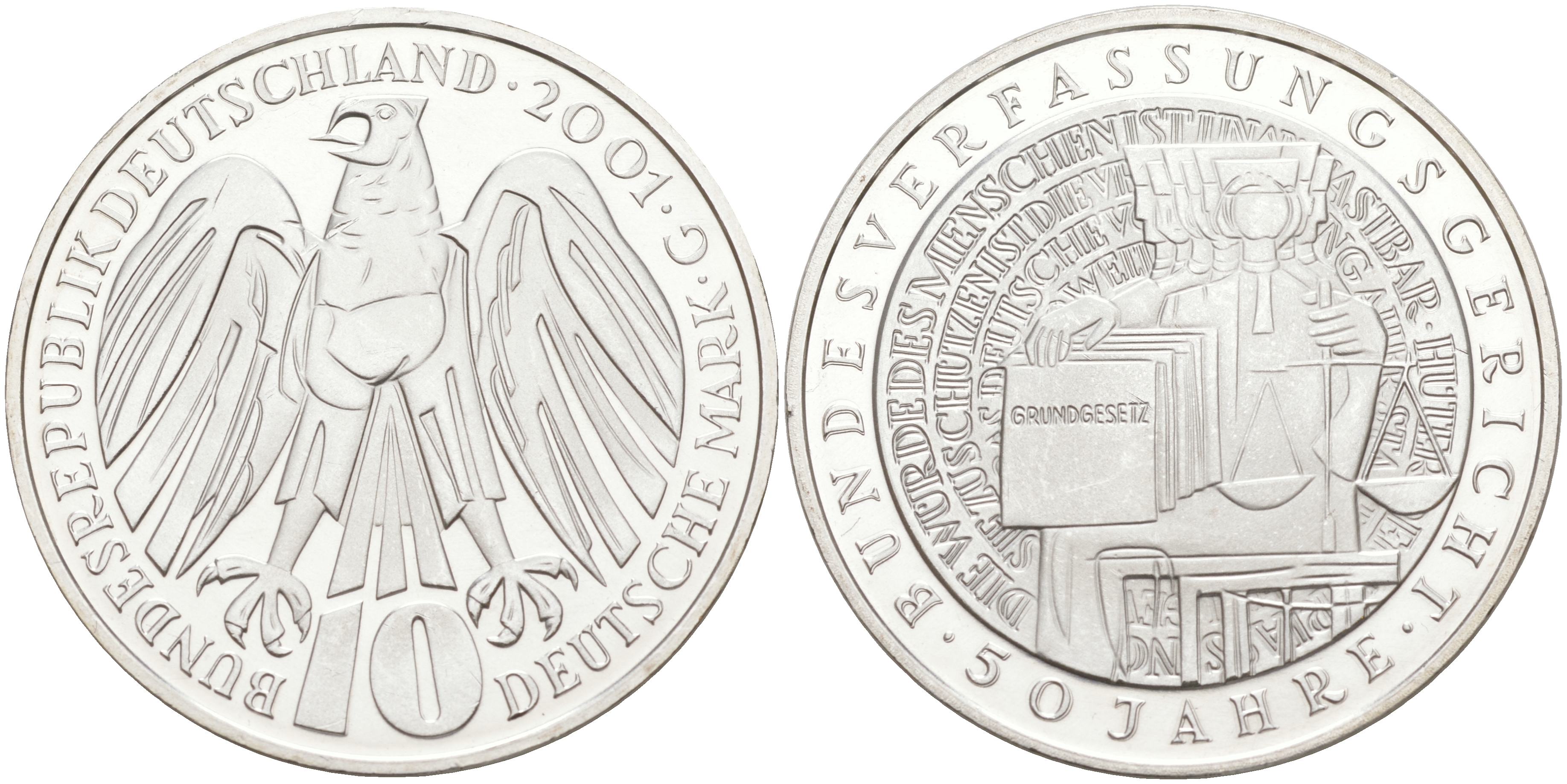 ФРГ 10 марок 2001 G, 50 лет Федерального Конституционного суда Германии KM 206 серебро UNC 4111-424