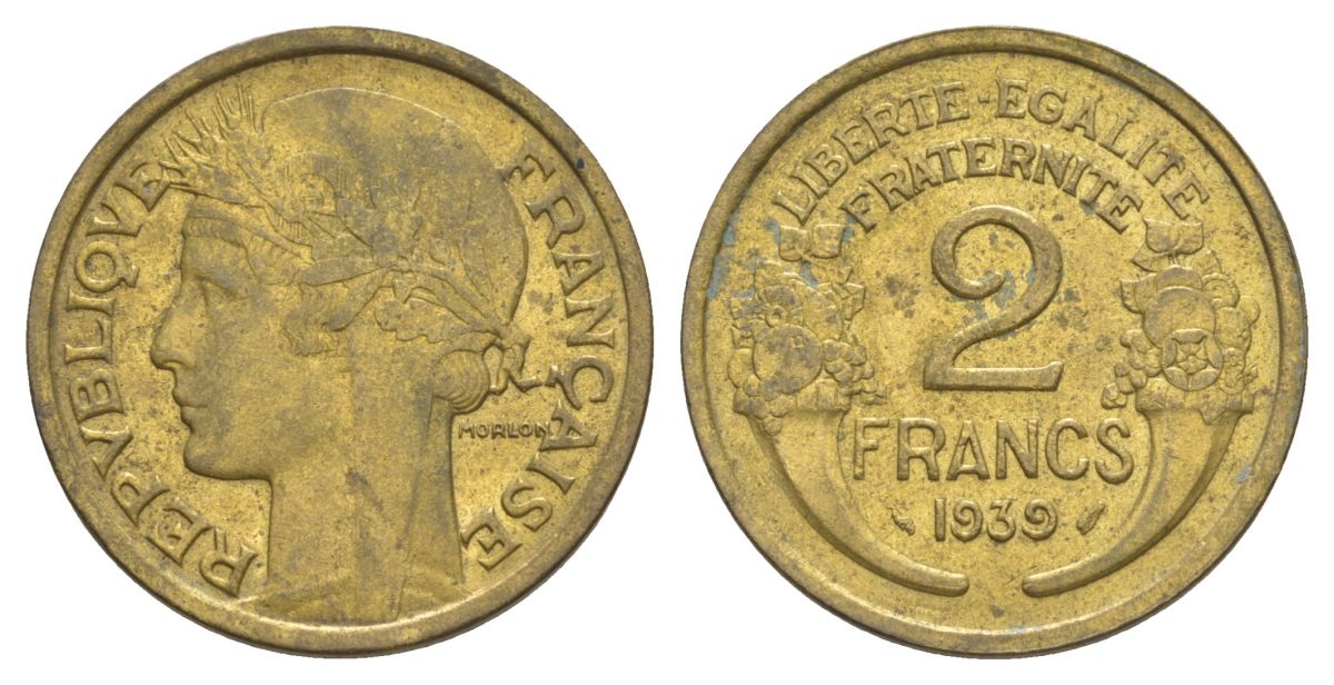 Франция 2 франка 1939 тип Morlon KM 886, Le Franc 268.12 алюминиевая бронза 4631-541