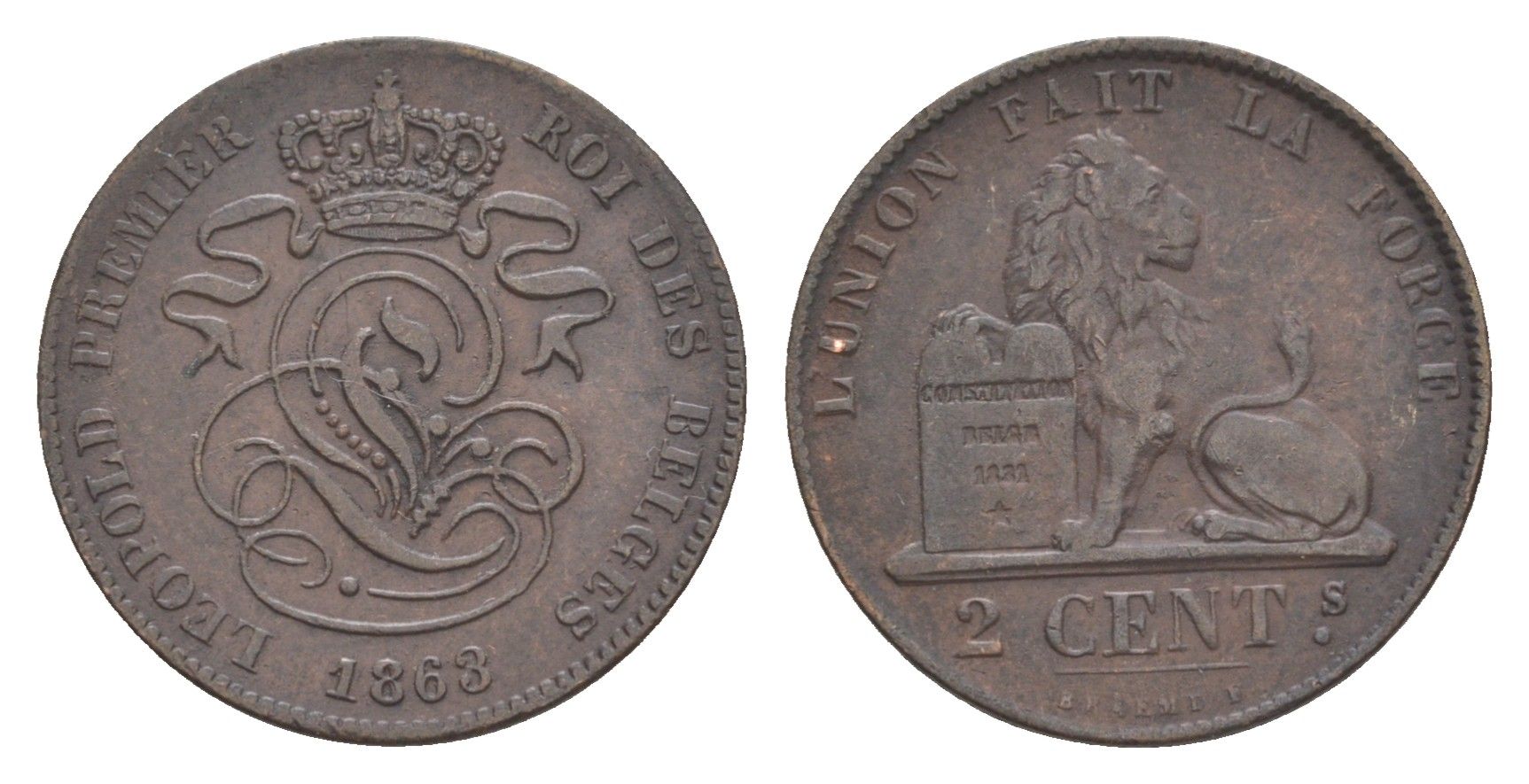 Бельгия 2 сантим 1863 Леопольд I (1831-1865) KM 4 медь 4615-627