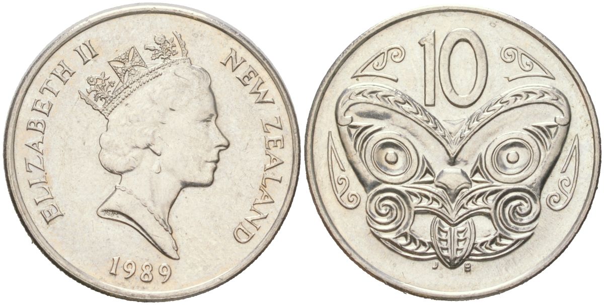 Новая Зеландия 10 центов 1989 Елизавета II (1952-2022), маска маори KM 41 медно-никель UNC 4132-734