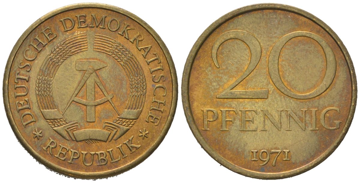 ГДР 20 пфеннигов 1971 KM 11 латунь aUNC 4577-1256