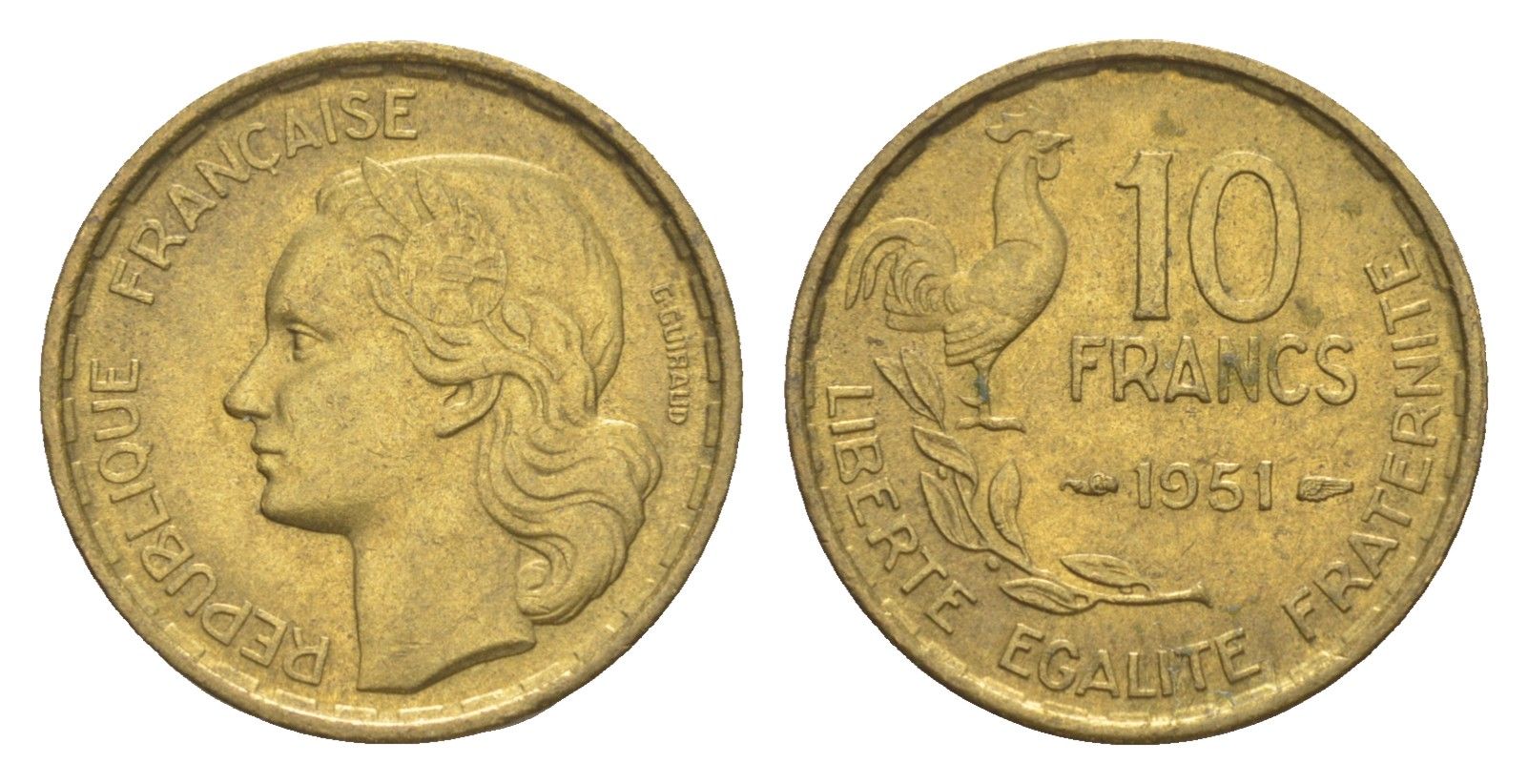 Франция 10 франков 1951 KM 915 алюминиевая бронза UNC 83-732