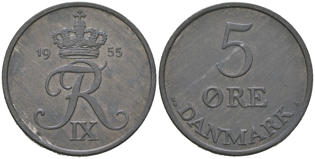 Дания 5 эре 1955 N; S, Фредерик IX (1947-1972) KM 843.1 цинк aUNC 4536-343