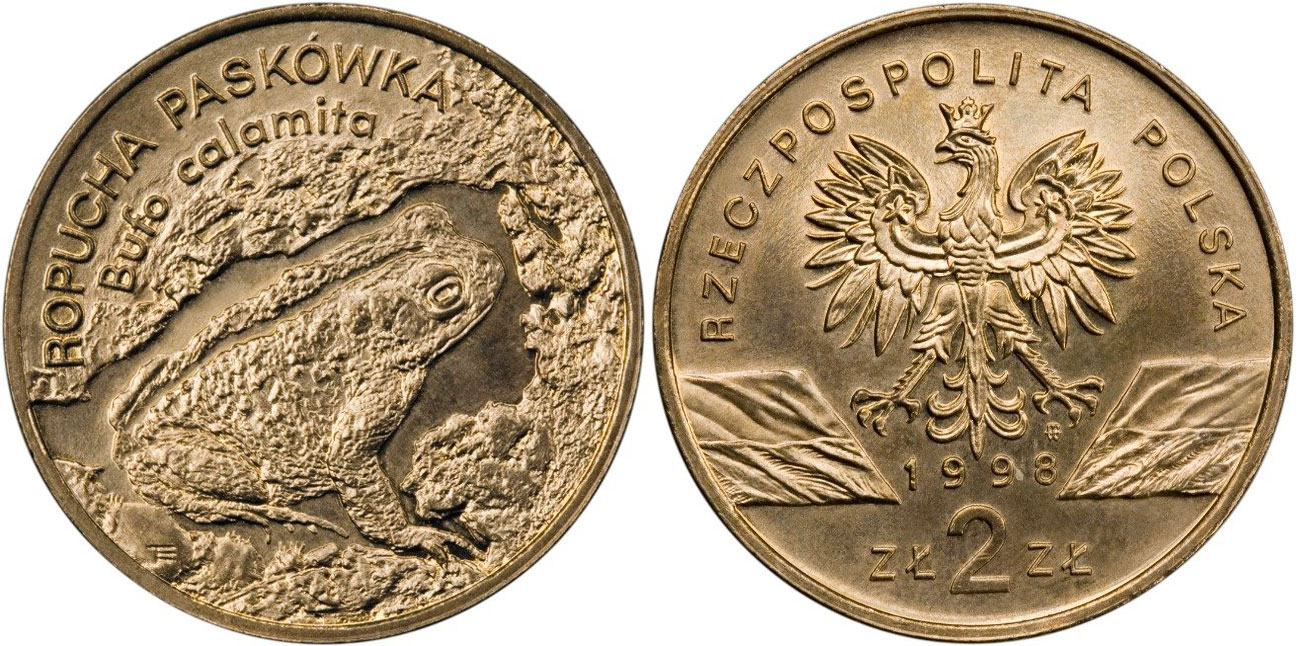 Польша 2 злотых 1998 MW, серия сохраним природу, камышовая жаба KM 340 нордик  UNC  1526-225