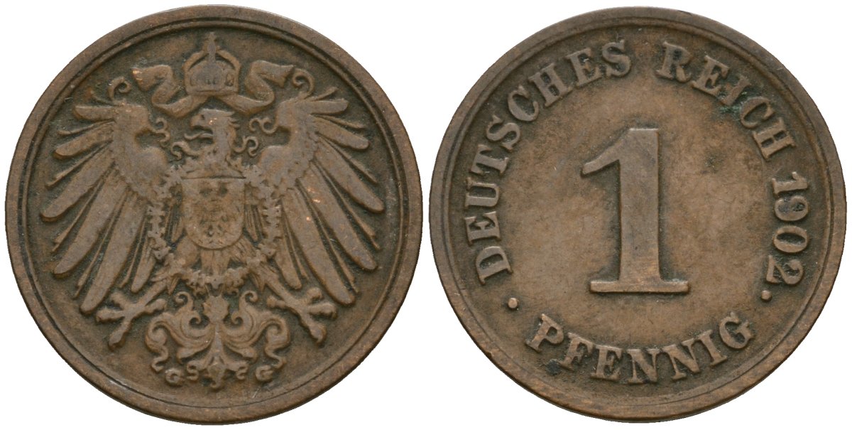 Германия 1 пфенниг 1902 G, Вильгельм II (1888-1918) KM 10, J. 10 медь 4608-226
