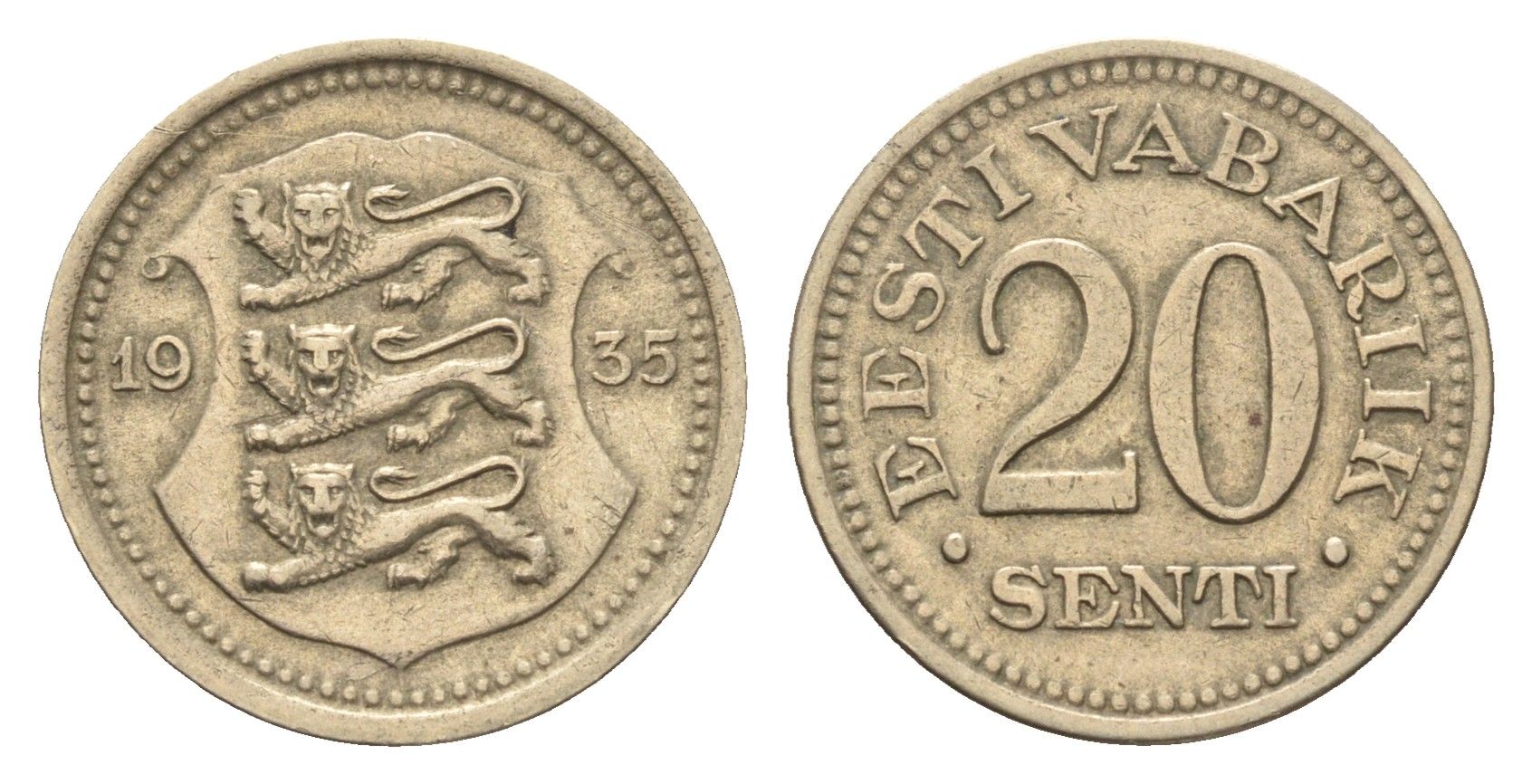 Эстония 20 сентов 1935 год-тип KM 17 никель латунь 4668-626