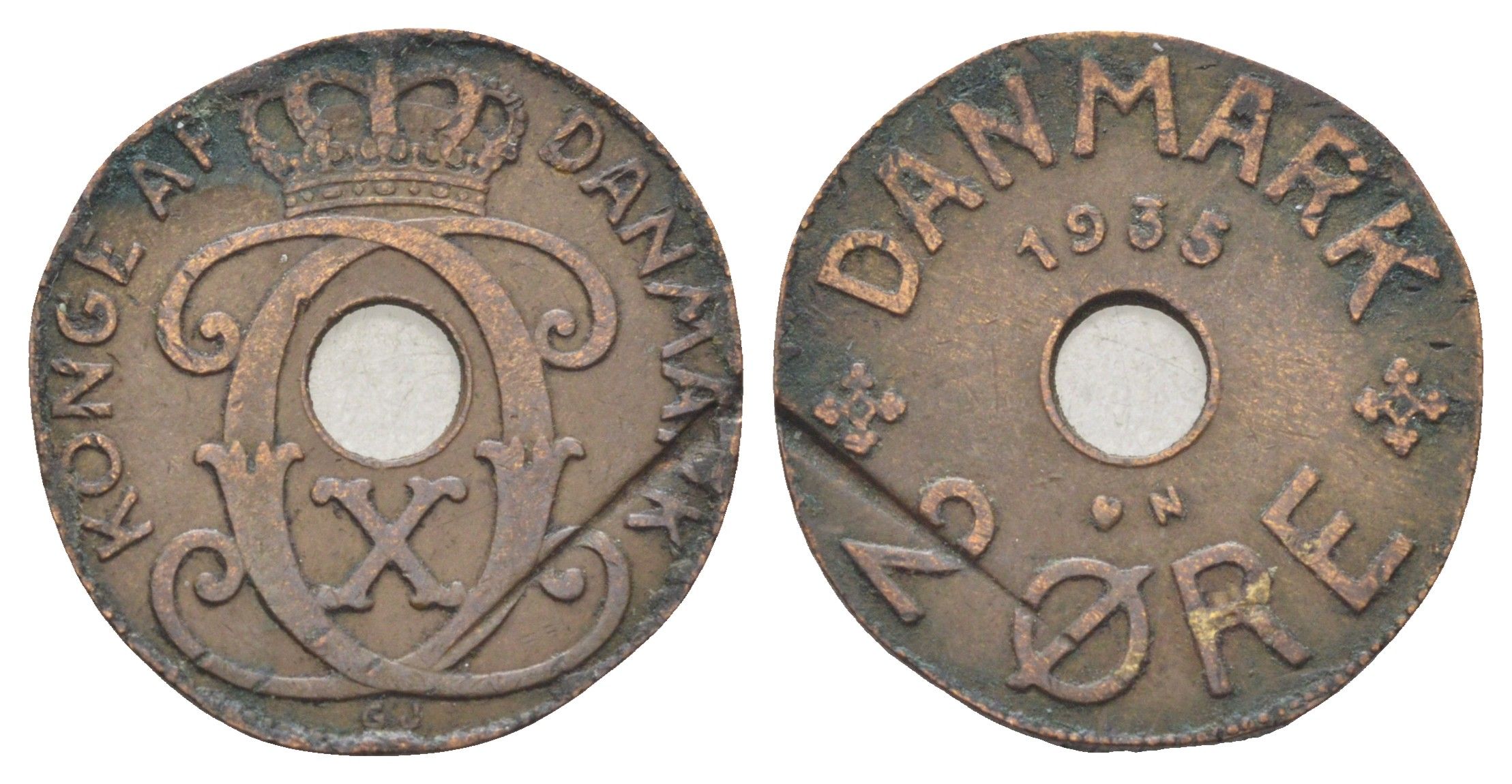 Дания 2 эре 1935 N, Кристиан X (1912-1947) KM 827 бронза 4701-817