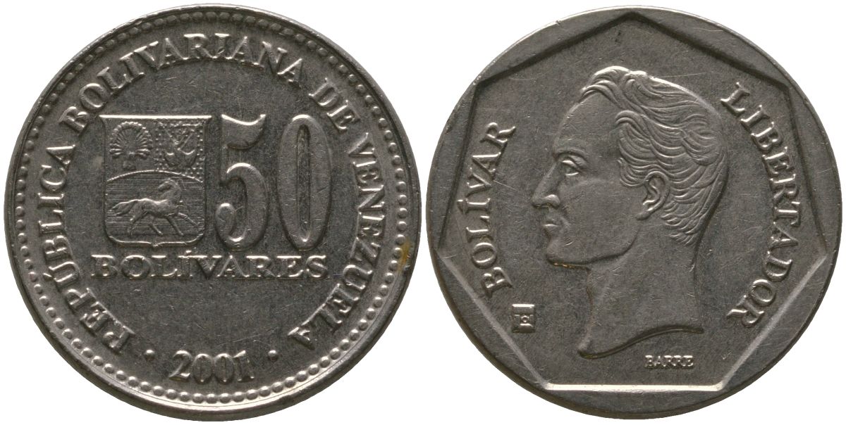 Венесуэла 50 боливаров 2001 A KM 82 сталь плакированная никелем 4525-1257