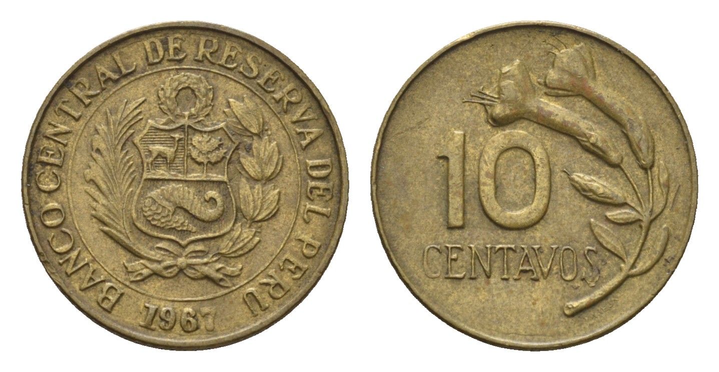 Перу 10 сентаво 1967 KM 245 латунь 4684-134