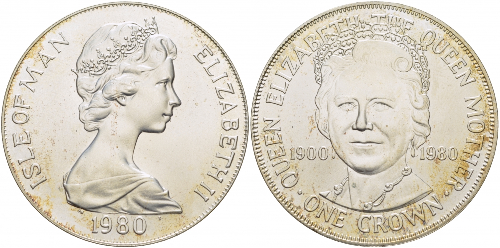 Остров Мэн 1 крона 1980 80 лет королеве Елизавете, королеве-матери KM 68a серебро UNC 01-076-15