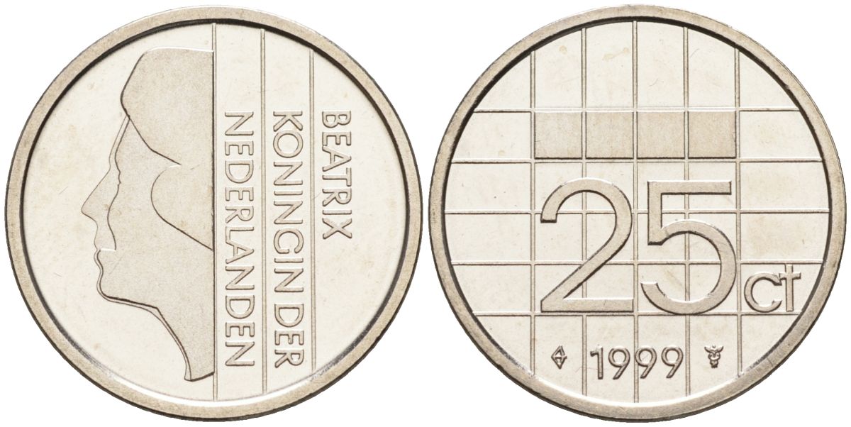 Нидерланды 25 центов 1999 Беатрикс (1980-2013) KM 204 никель UNC 4588-939