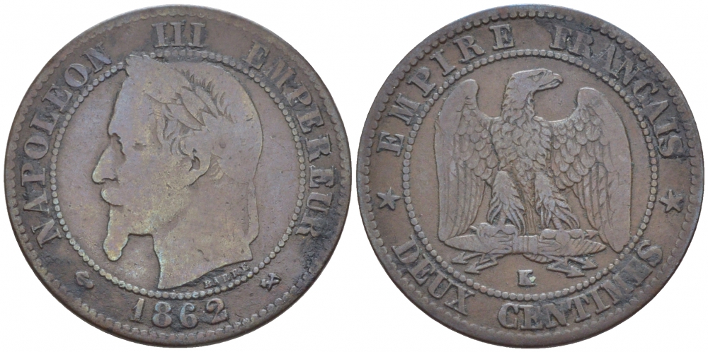 ФРАНЦИЯ 2 САНТИМА 1862 K, НАПОЛЕОН III (1852-1870) KM 796.6 бронза 116-748