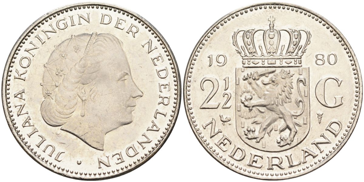 Нидерланды 2 1/2 гульдена 1980 Юлиана (1948-1980) KM 191 никель 4593-642