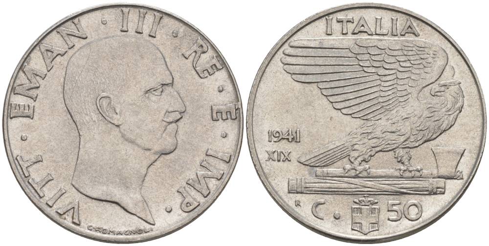 ИТАЛИЯ 50 ЧЕНТЕЗИМО 1941 R, ГОД XIX, ВИКТОР ЭММАНУИЛ III (1900-1946) KM 76b, VEM3. 1063 нержавеющая сталь 3853-333