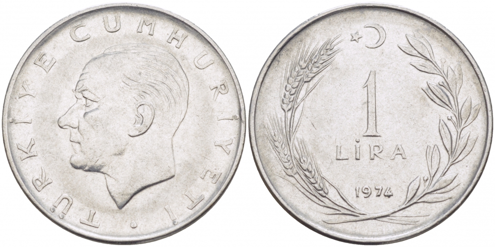 Турция 1 лира 1974 Мустафа Кемаль Ататюрк KM 889а.2 нержавеющая сталь 4529-1234