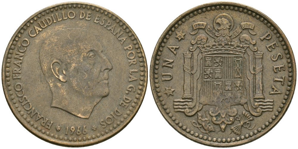 Испания 1 песета 1966 (67) Франциско Франко KM 796 алюминиевая бронза 4579-145