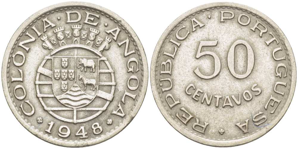 Португальская Ангола 50 сентаво 1948 300 лет революции 1648 ГОДА KM 72 никель бронза 4514-637
