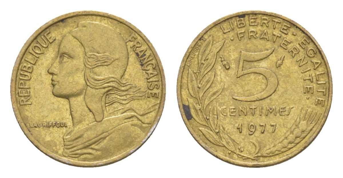 Франция 5 сантимов 1977 тип Morlon KM 933, Le Franc 125.13 алюминиевая бронза 4630-331