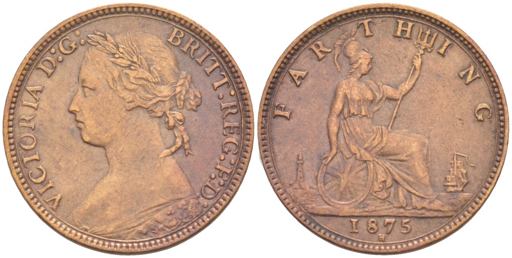 Великобритания 1 фартинг 1875 H, Виктория (1837-1901) KM 753, Spink 3959 бронза 4543-856