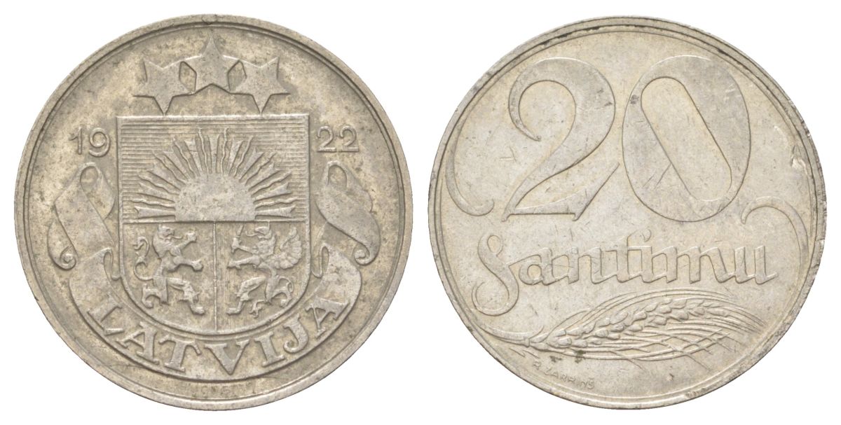 Латвия 20 сантимов 1922 KM 5 никель 4625-544