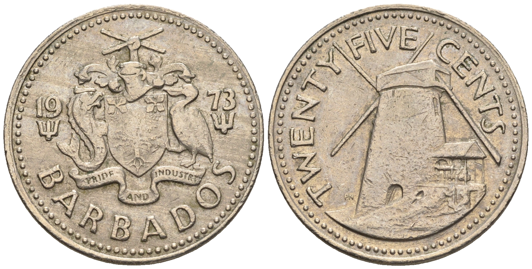 Барбадос 25 центов 1973 ветряная мельница Моргана Льюиса KM 13 медно-никель 87-126