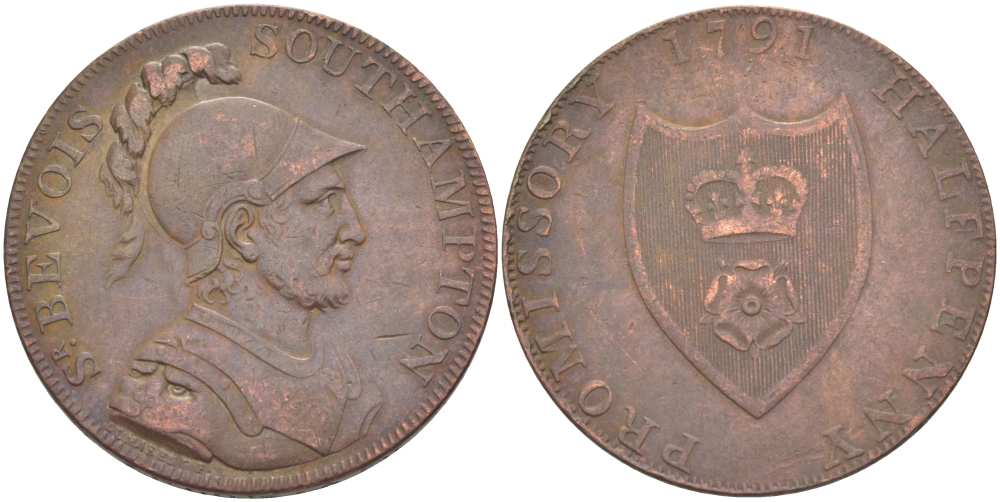 Великобритания 1/2 пенни 1791 Хэмпшир - Портсмут, бюст сэра Бэв из Антона Dalton & Hamer 89 медь 1518-1522