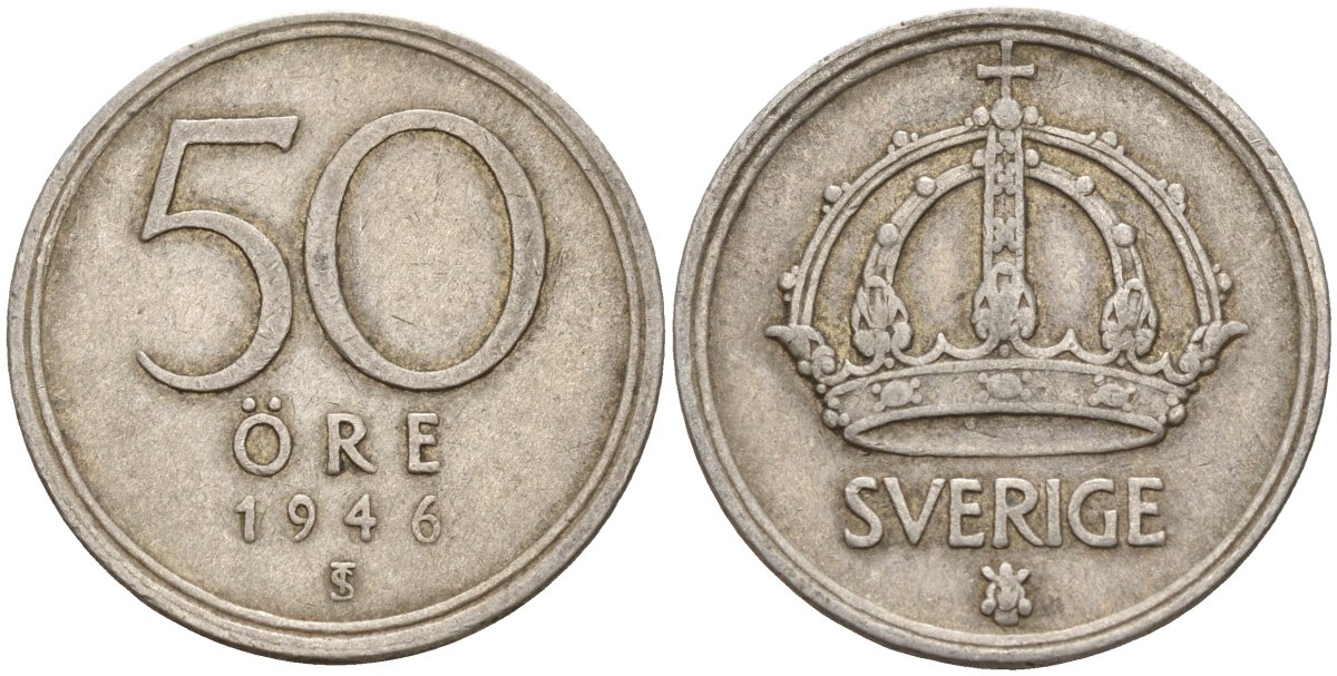 Швеция 50 эре 1946 TS, Густав V (1907-1950) KM 817 серебро 4148-852