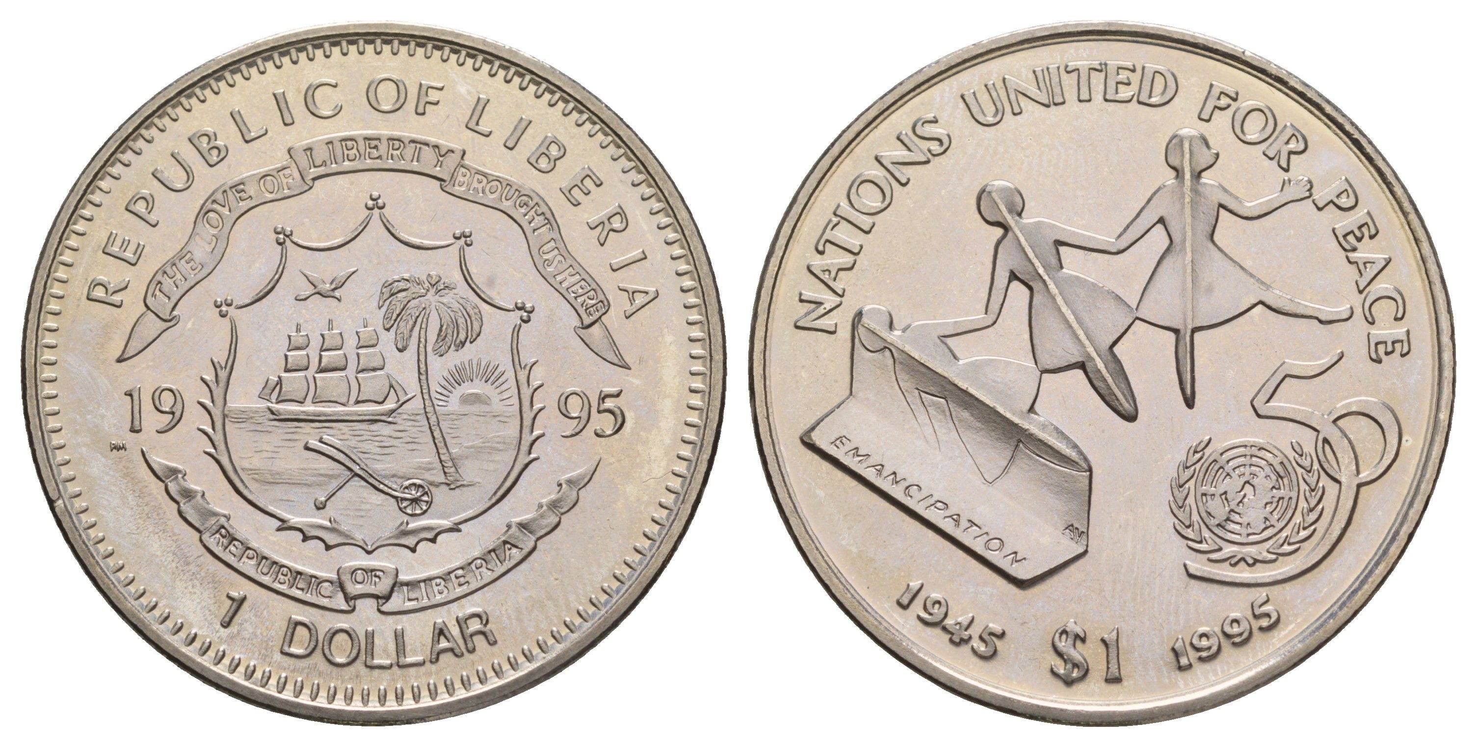 Либерия 1 доллар 1995 50 лет ООН KM 412 медно-никель BU 4537-1035