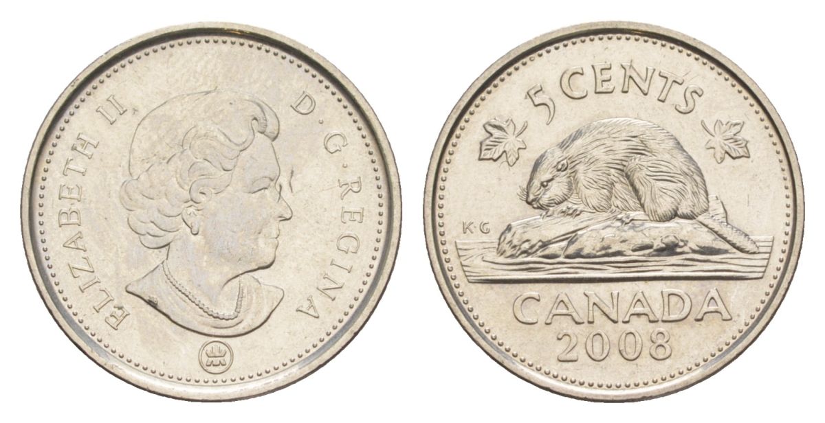 Канада 5 центов 2008 Leaf, Елизавета II (1952-2022), бобр KM 491 сталь плакированная никелем UNC 4630-764