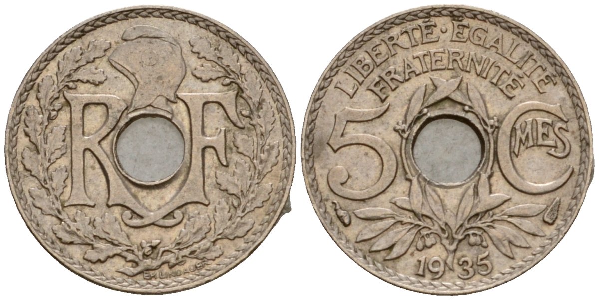 Франция 5 сантимов 1935 KM 875 медно-никель 4602-161