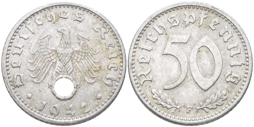 ГЕРМАНИЯ 50 РЕЙХСПФЕННИГОВ 1942 F KM 96, J. 372 алюминий 210-615