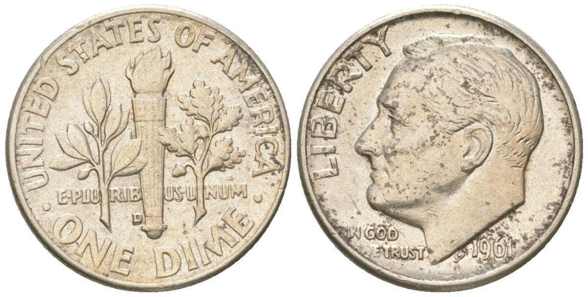 США 10 центов (дайм) 1961 D, президент Рузвельт KM 195 серебро 4549-855