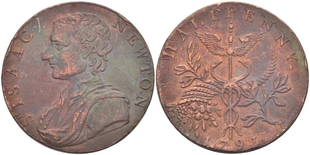 Великобритания 1/2 пенни 1793 Миддлсекс - политическая и социальная серия - Исаак Ньютон Dalton & Hamer 1033 медь 1518-1441