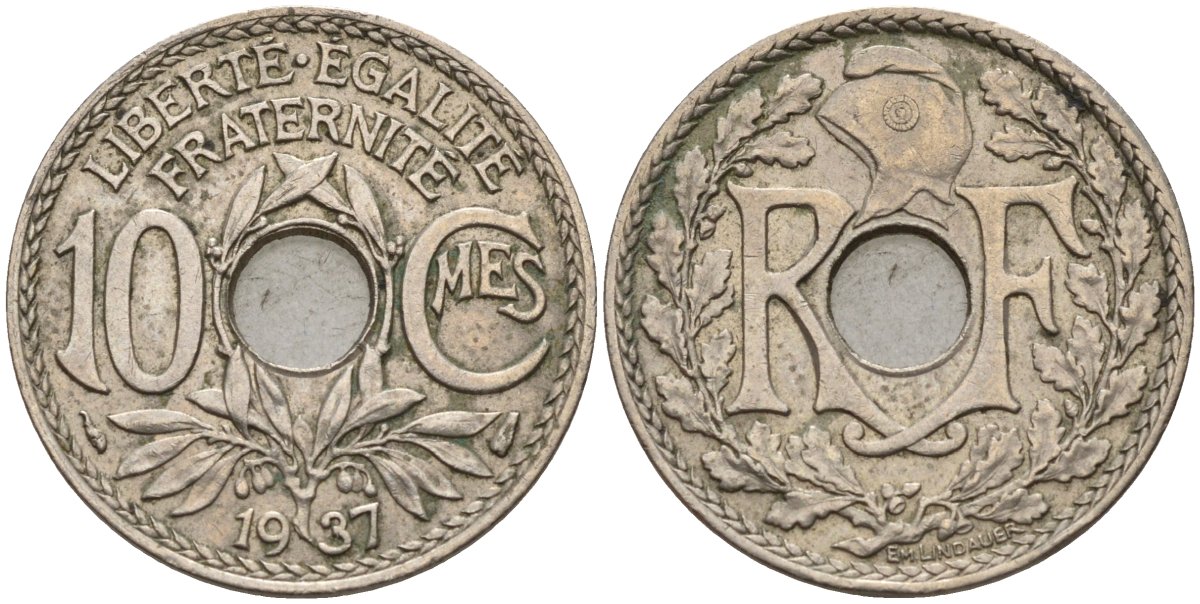 Франция 10 сантимов 1937 KM 866a, Le Franc 138.3 медно-никель 4143-1042