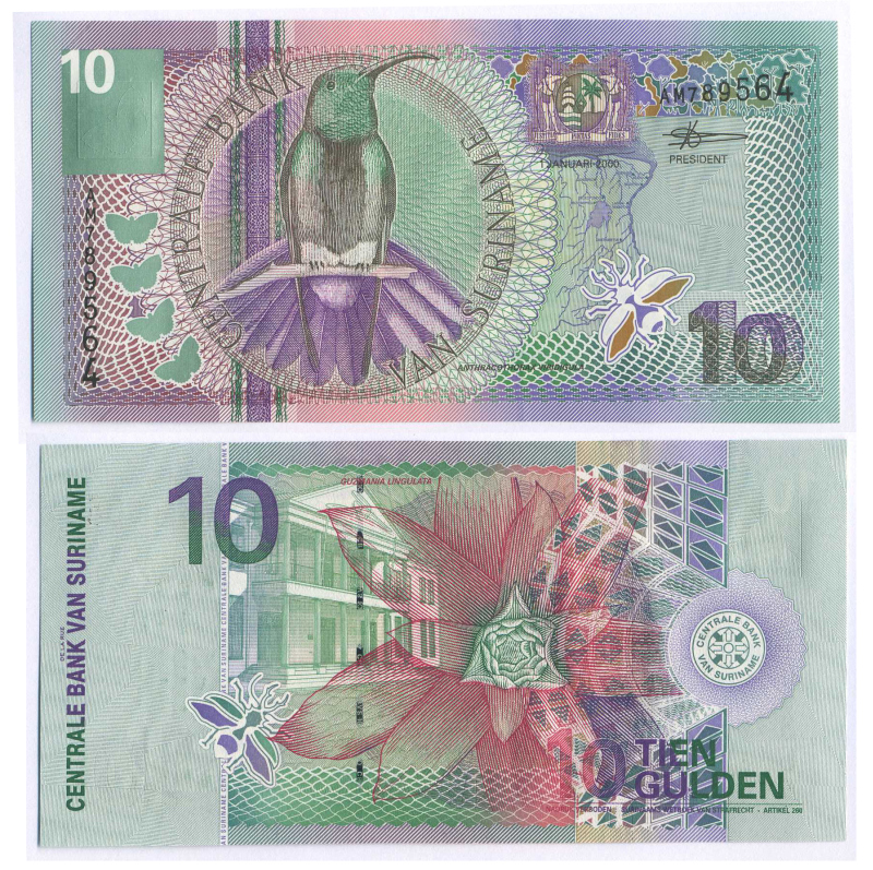 Суринам 10 гульденов 2000 колибри-манго, цветок Pick 147 бумага UNC (пресс) 8564-12-1-1