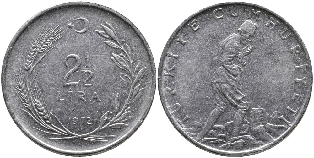 ТУРЦИЯ 2 1/2 ЛИРЫ 1972 KM 893.2 нержавеющая сталь 29-626