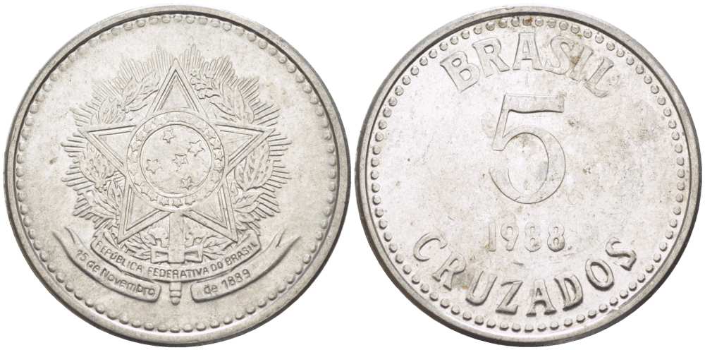 Бразилия 5 крузадо 1988 реформа 1986-1989 KM 606 нержавеющая сталь 67-717
