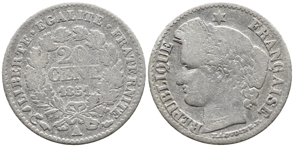 ФРАНЦИЯ 20 САНТИМОВ 1851 A KM 758.1 серебро 4178-129