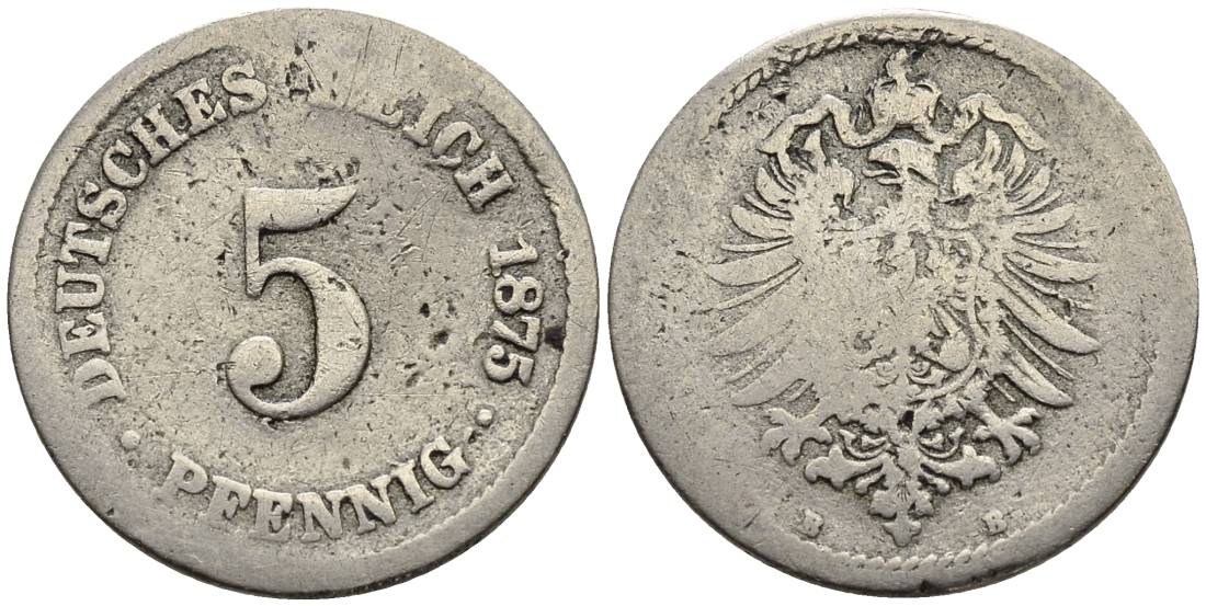 ГЕРМАНИЯ 5 ПФЕННИГОВ 1875 B, СТАРОГЕРБОВКА KM 3, Jager 3, Weege 5 медно-никель 4546-1027